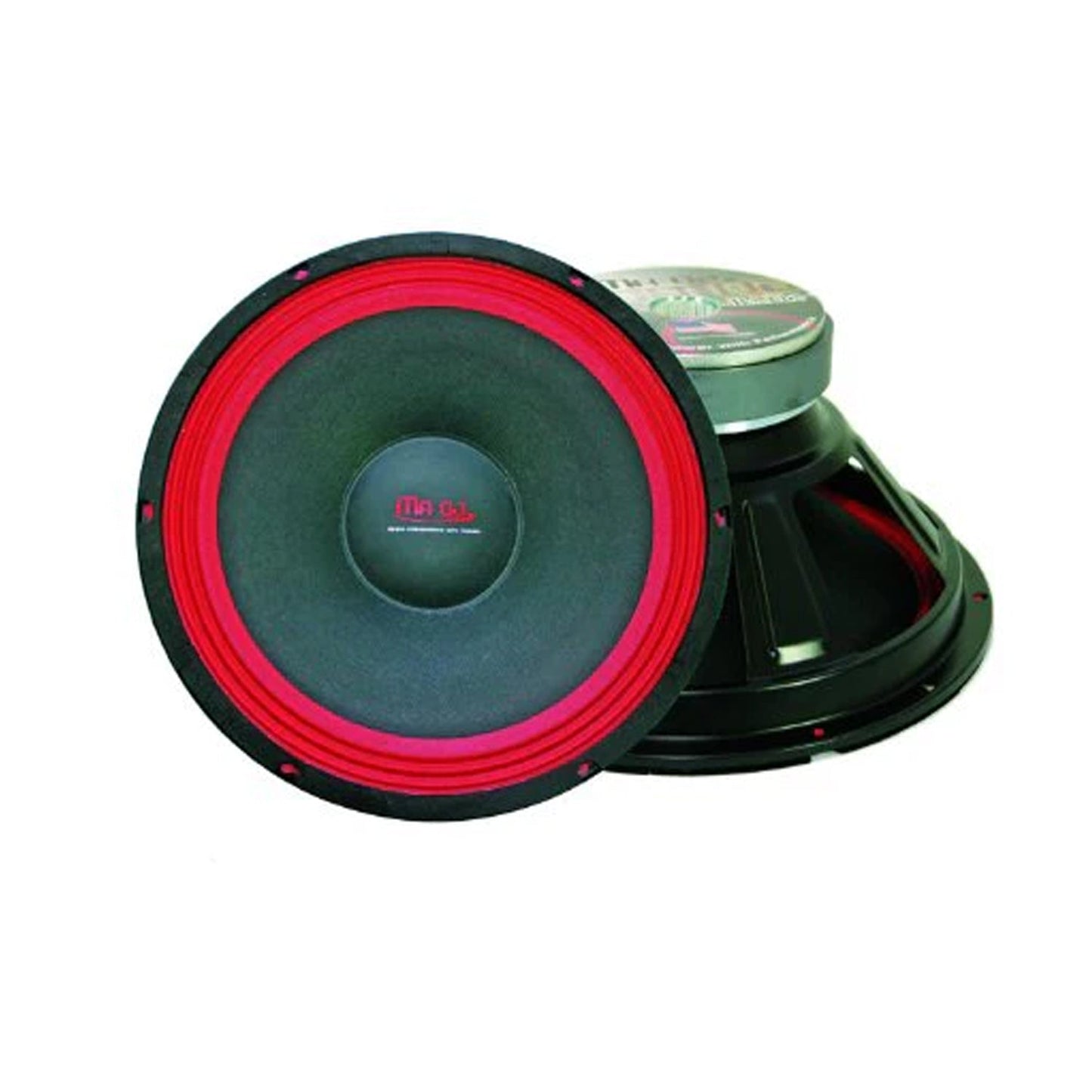 MR DJ PA110 10" woofer subwoofer with black and red design, showcasing strong build for PA and DJ applications.