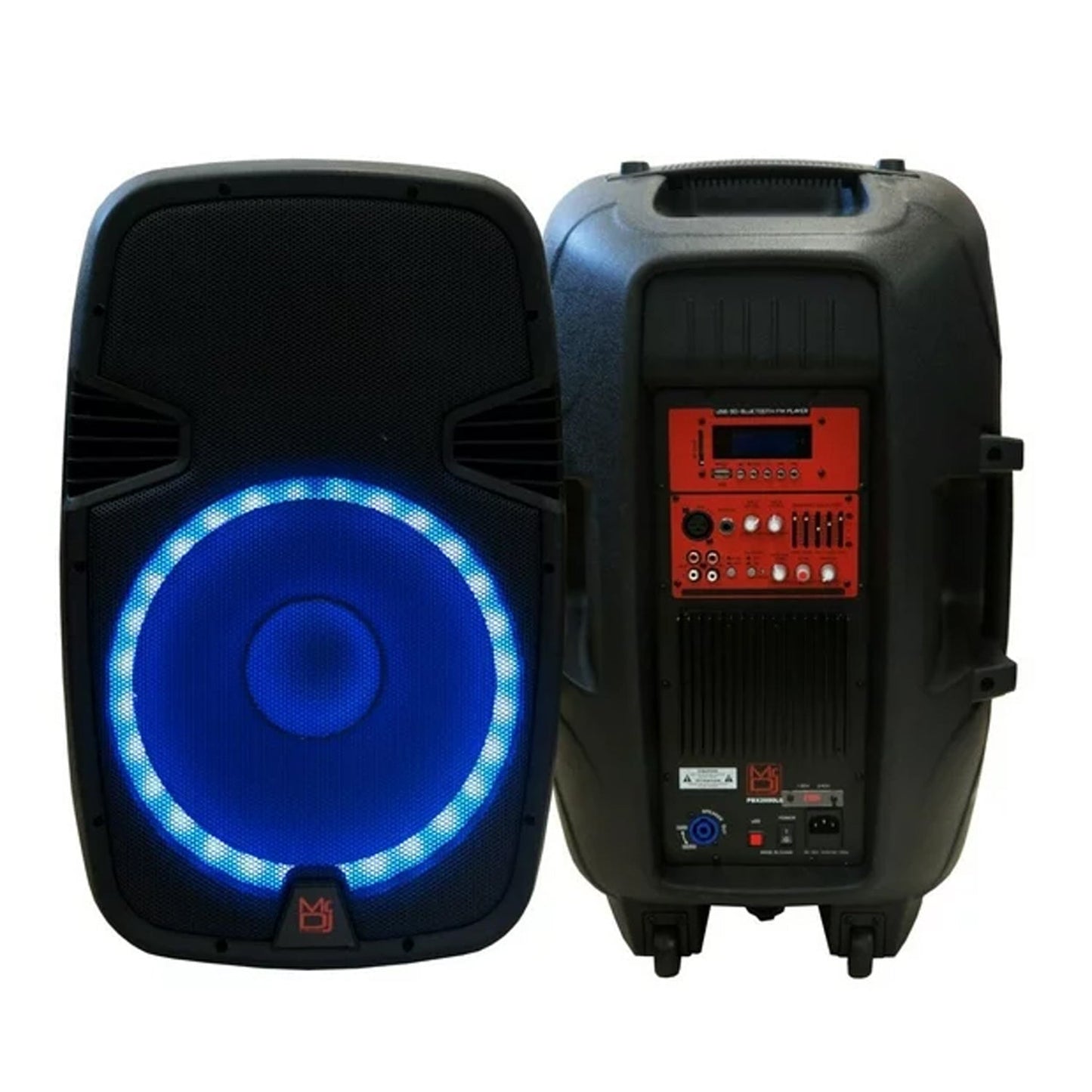 MR DJ PBX2690LB open box 15" Bluetooth speaker with blue LED light and adjustable controls.