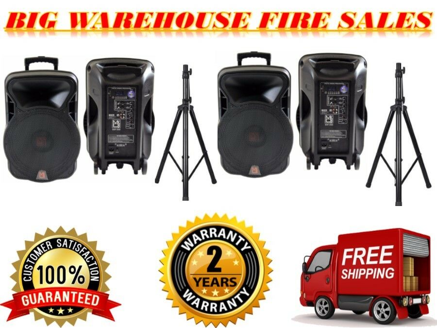 2 MR DJ DSP4000 PAIR 15" 4000W Bluetooth DSP FM Radio USB Portable PA DJ Speaker & Stands PAIR