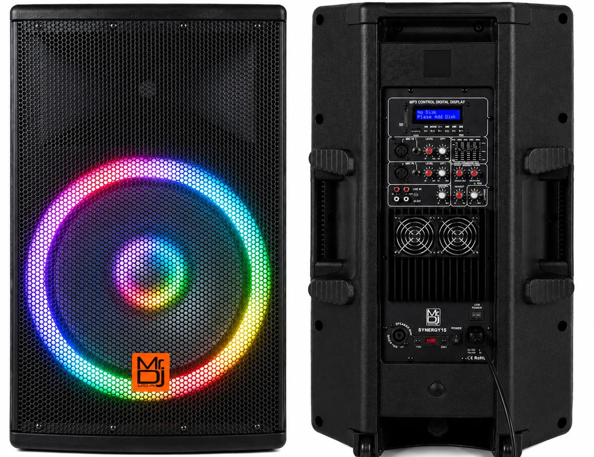 MR DJ SYNERGY15 Pro Audio Indoor Outdoor Ultra Powerful DJ Bluetooth 4500W Watts Peak, 15" Inch Woofer, Rollable Trolley Speaker with Built in Media Player, FM Radio Tuner, USB, SD Card