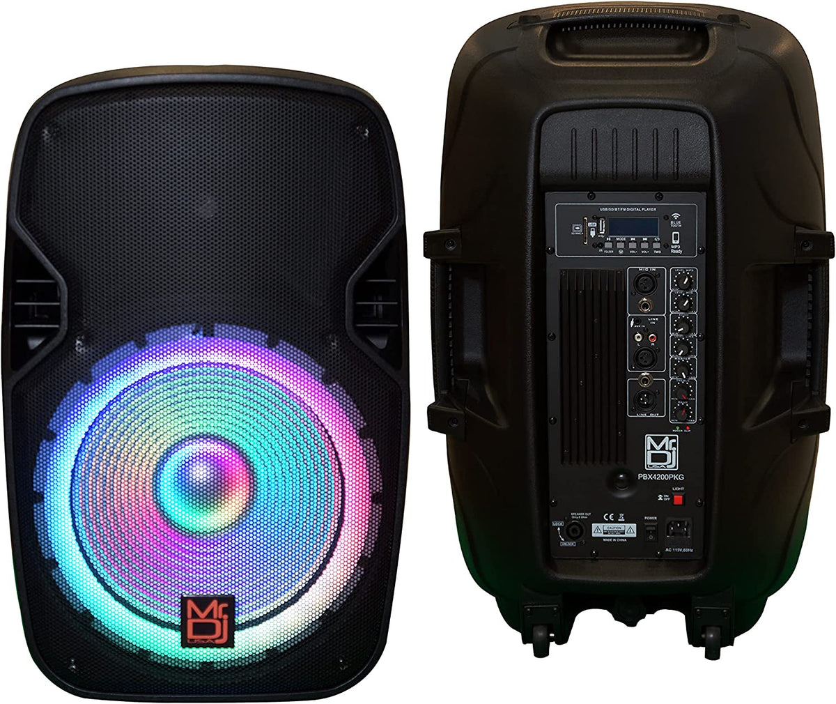 2 MR DJ PBX4200PKG 15" PA DJ 3000W Bluetooth LED Karaoke Speaker + Speaker Stand