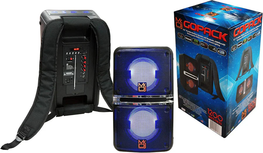 MR DJ GOPACK Dual 6.5" portable speaker with backpack design and LED lighting, ideal for outdoor events.