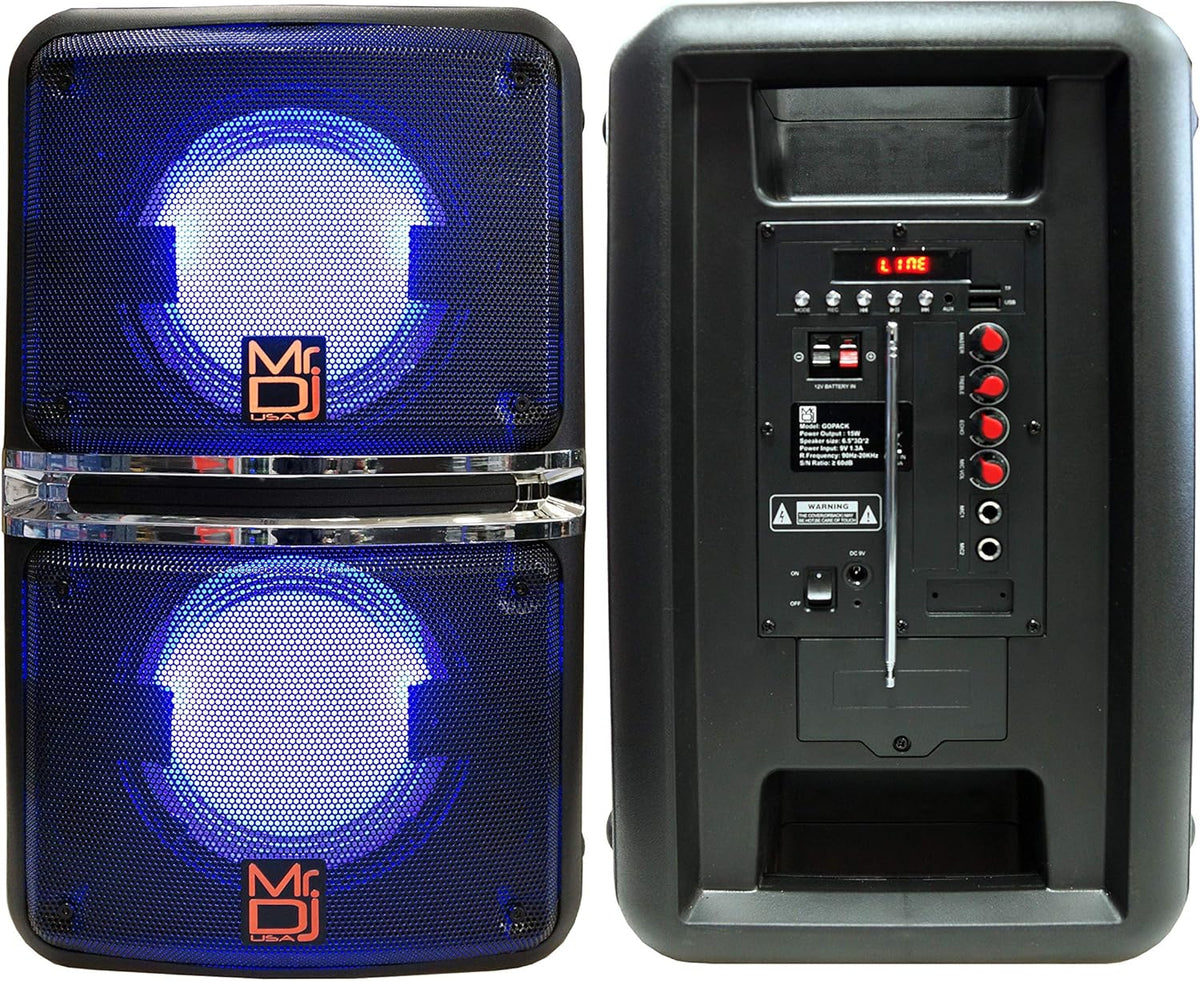 MR DJ GOPACK Dual 6.5" 1200W Portable Bluetooth Party Speaker USB/Micro SD Rechargeable LED Accent Lighting