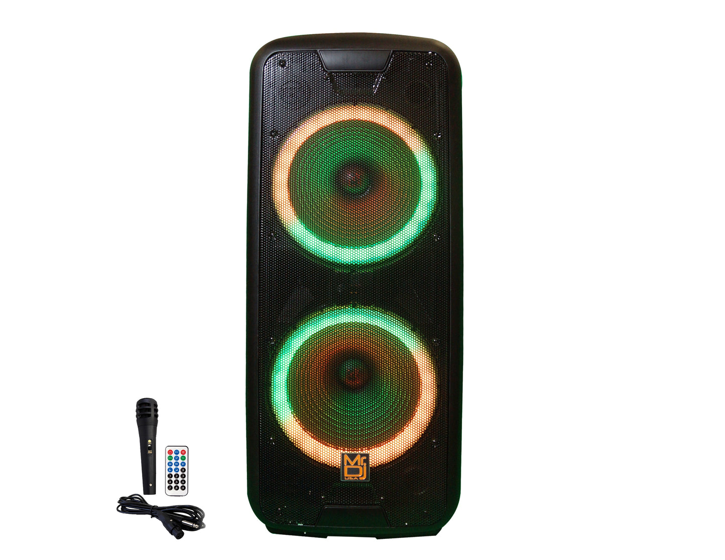 MR DJ DJ215BTA Dual 15" Rechargeable Bluetooth Party Speaker LED Lights TWS Wired Microphone USB/SD FM Radio & Remote Control