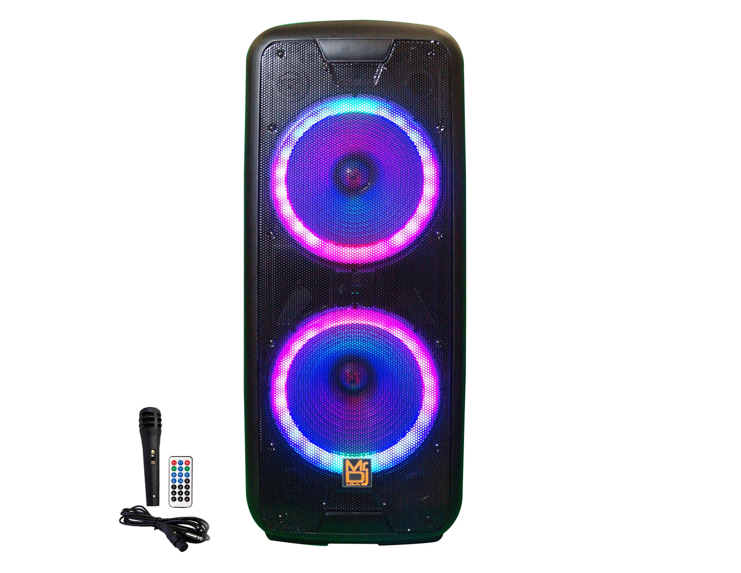 MR DJ DJ215BTA Dual 15" Rechargeable Bluetooth Party Speaker LED Lights TWS Wired Microphone USB/SD FM Radio & Remote Control