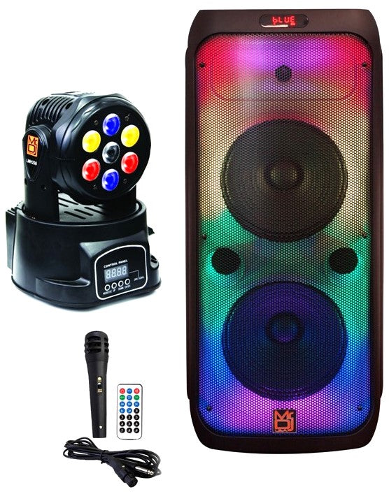 MR DJ FLAME3200 8" X 2 Rechargeable Speaker + 7-LED Moving Head DJ Light