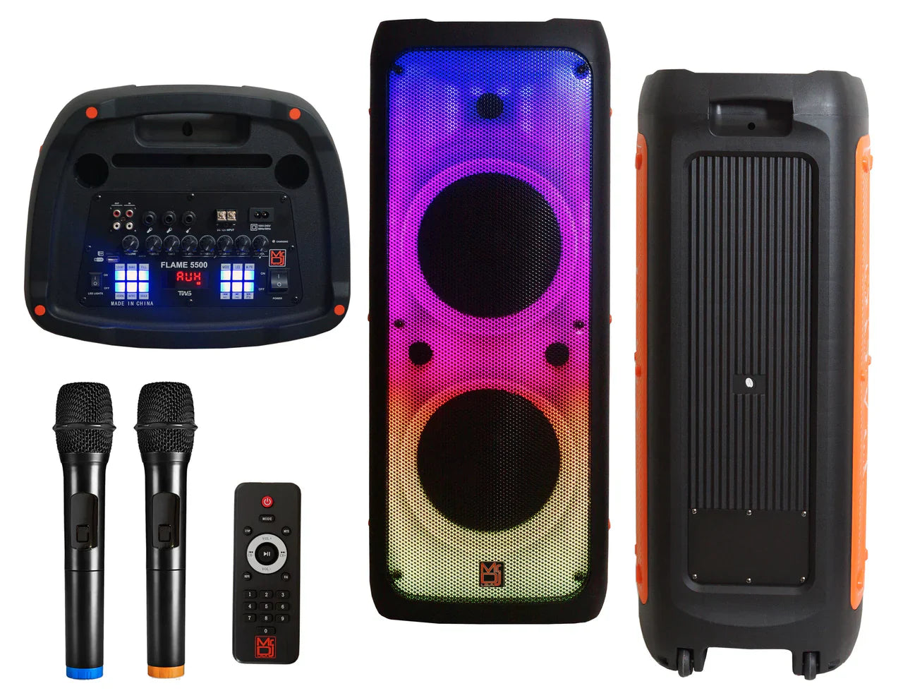 MR DJ FLAME5500LED Dual 12” Karaoke Party Speaker Rechargeable PA System with 2 Wireless Mics, Flame LED Lights, TWS, Portable DJ Sound System