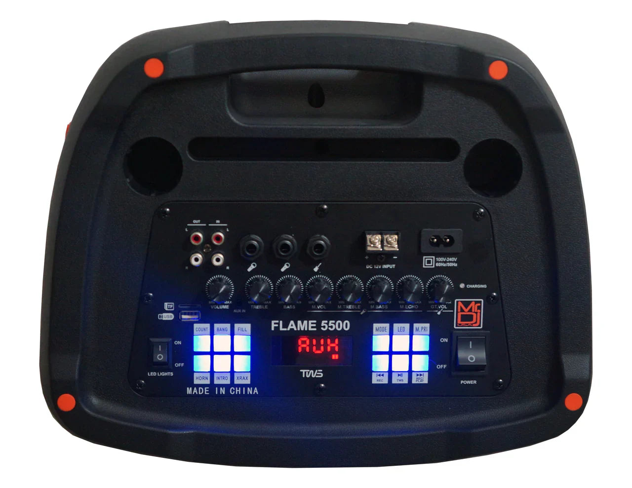 MR DJ FLAME5500LED Dual 12” Karaoke Party Speaker Rechargeable PA System with 2 Wireless Mics, Flame LED Lights, TWS, Portable DJ Sound System