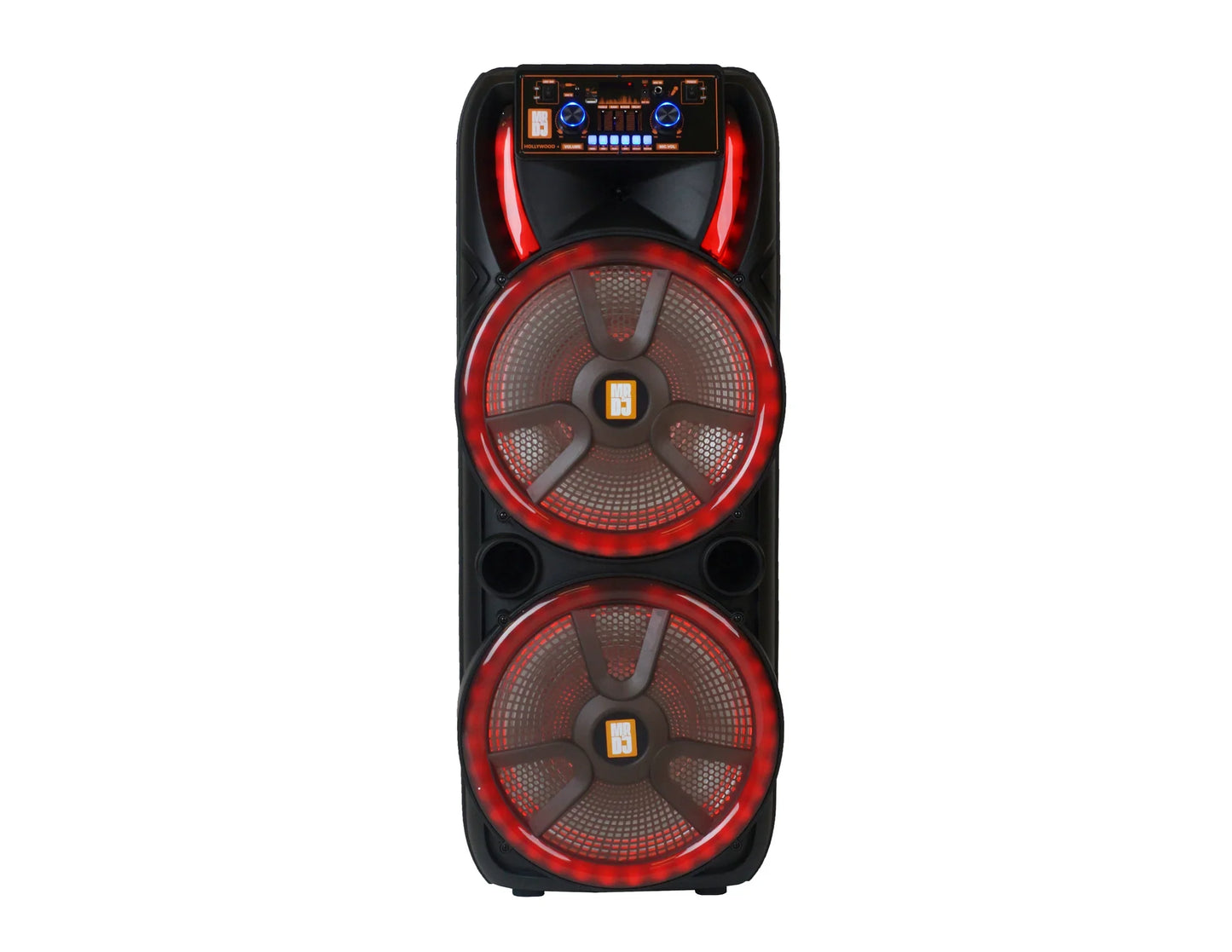 2 MR DJ HOLLYWOOD+ Dual 15" Rechargeable Portable Bluetooth Karaoke Speaker Party Flame Lights with 2 Wireless Microphone TWS USB FM Radio