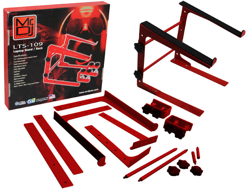 MR DJ LTS109RD Laptop Computer Stand Red Mobile Disc Jockey PC Table Rack Mount Clamp Bracket