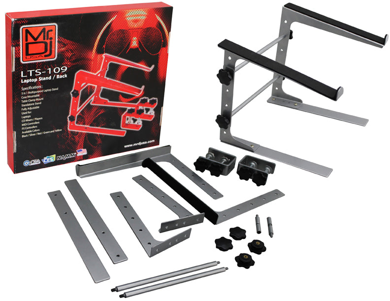 MR DJ LTS109SI Laptop Computer Stand Silver Mobile Disc Jockey PC Table Rack Mount Clamp Bracket