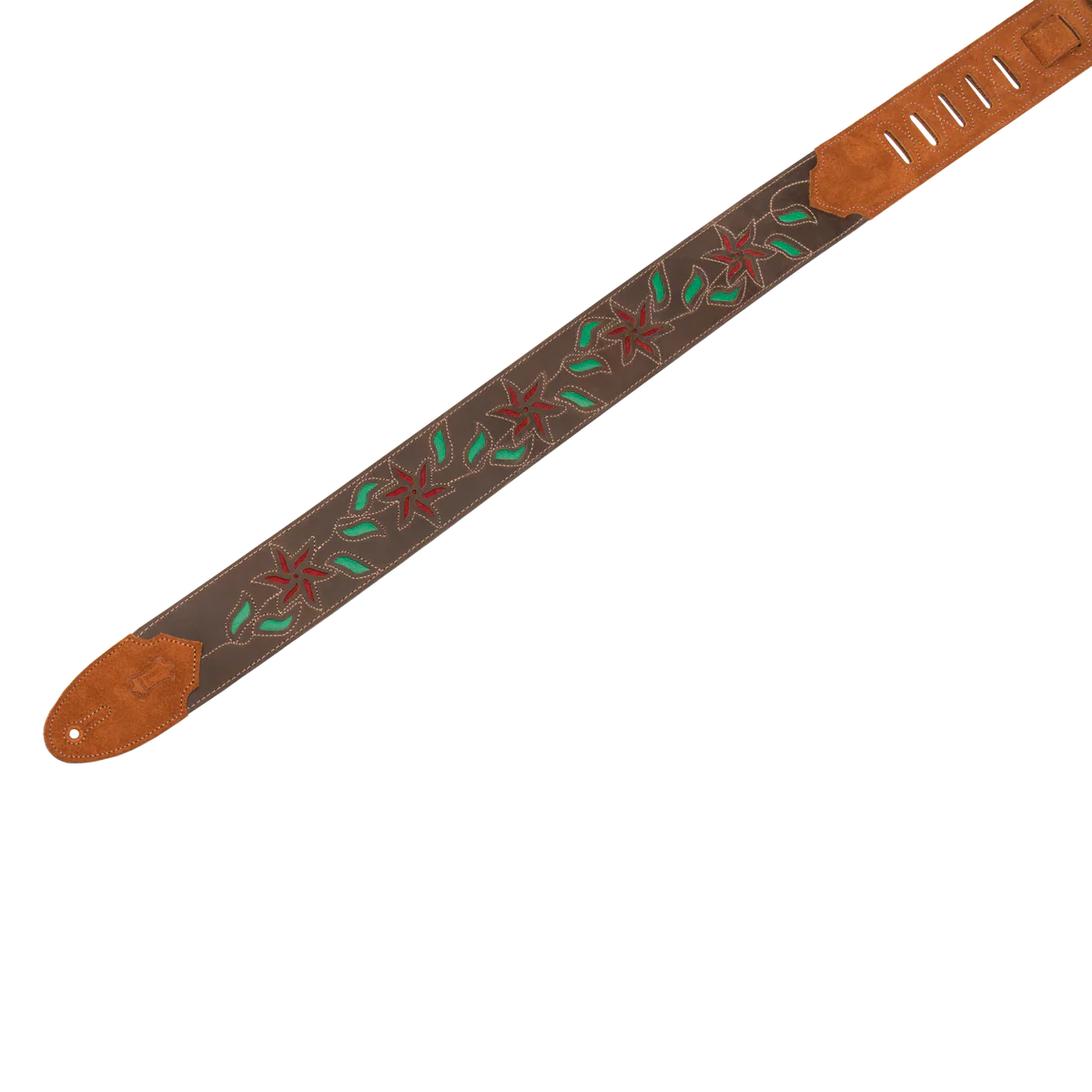 Levy's Leathers M4FV-DBR_RED Brown Leather Red Flowers and Green Leaves Guitar Strap