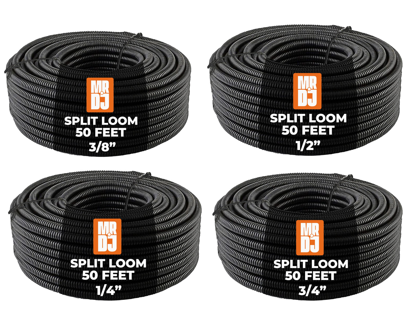 MR DJ 4-Pack 1/4", 3/8", 1/2", 3/4" x 50 Feet Each Split Wire Loom Convoluted Tubing