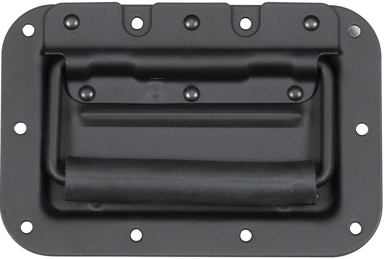 Black speaker cabinet handle plate with multiple screws and mounting holes for sturdy installation.