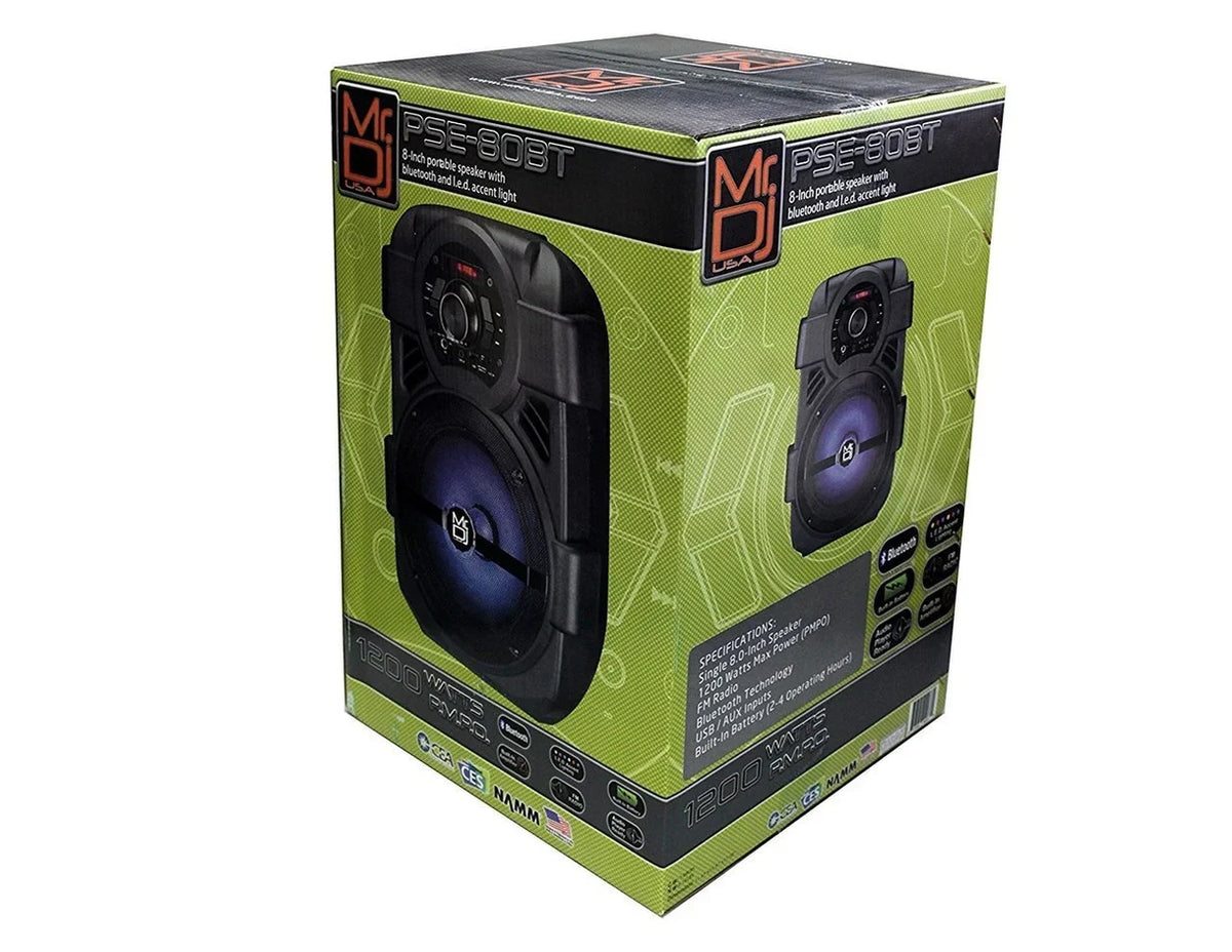 MR DJ PSE80BT 8" Portable Active Speaker with Rechargeable Battery