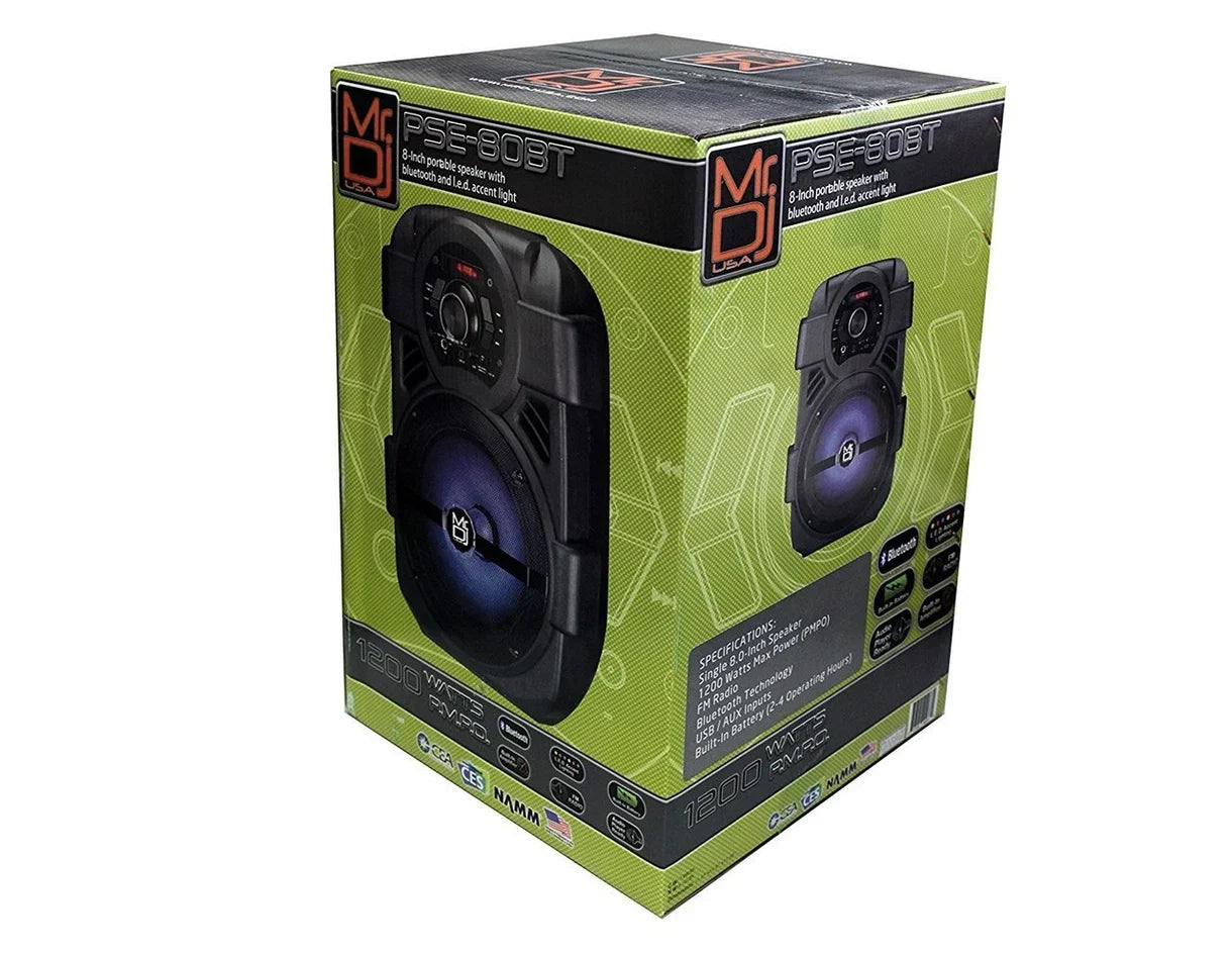 2 MR DJ PSE80BT 8" Portable Bluetooth Active Speaker Rechargeable Battery Party Speaker 1200 Watts