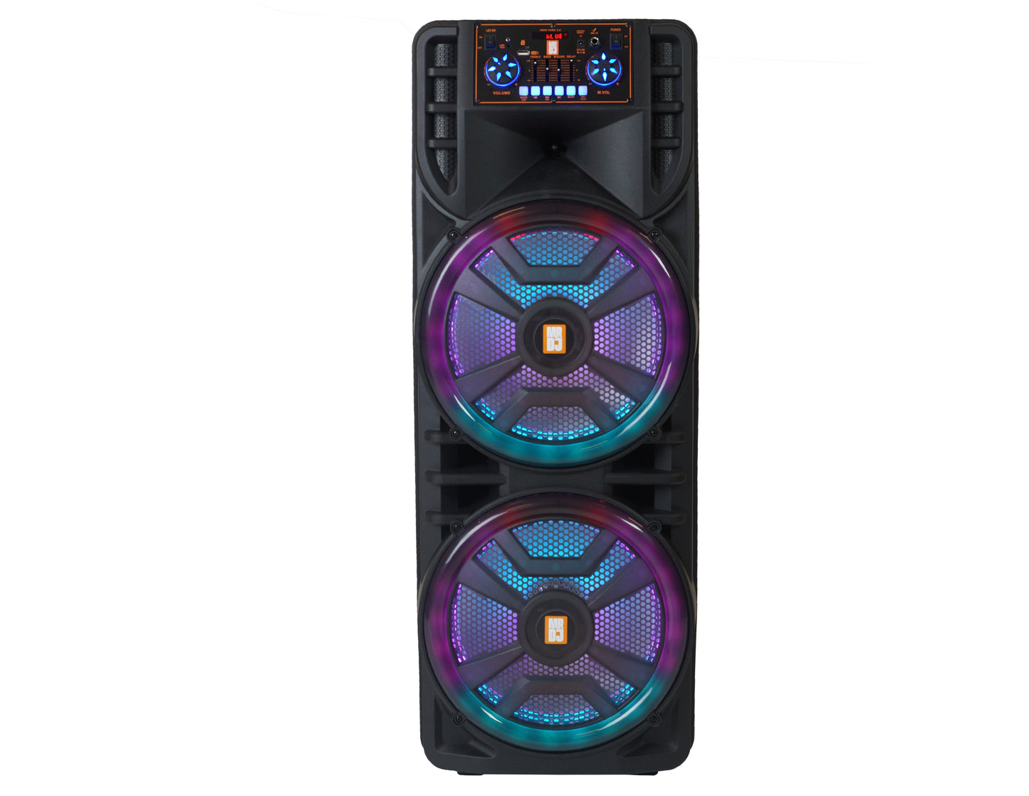 MR DJ NEWYORK 2.0 Dual 12” Rechargeable Bluetooth Party Speaker, 4000W Portable PA System with Flame LED Lights, 2 Wireless Microphones, TWS Stereo, USB, FM Radio