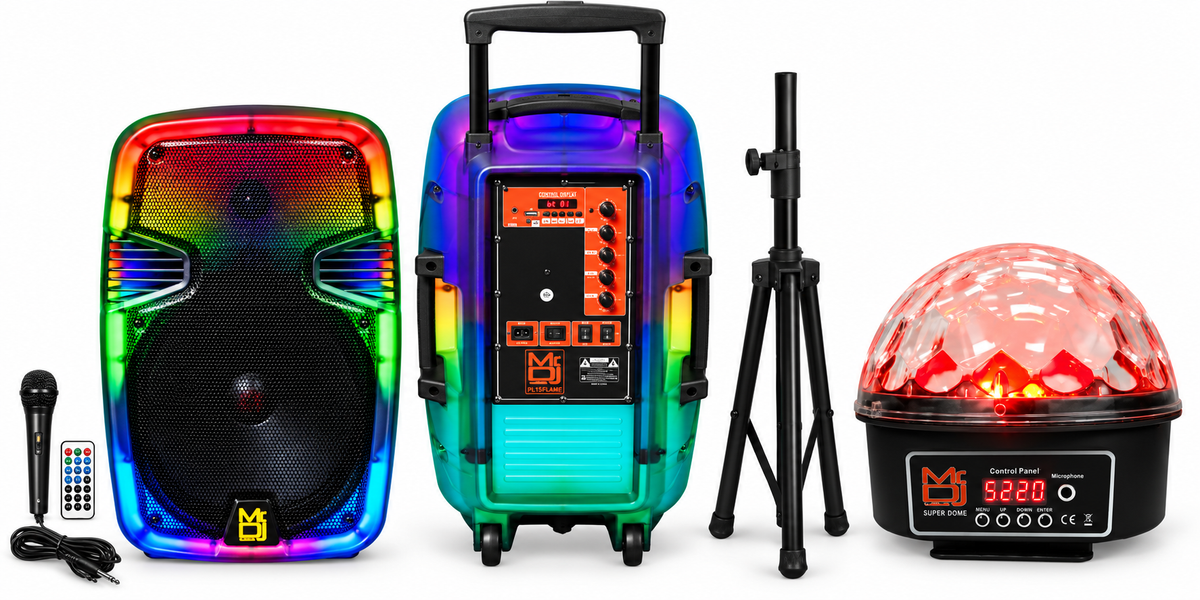 MR DJ PL15FLAME 15" Portable Translucent Bluetooth Speaker + Speaker Stand + LED Crystal Magic Ball