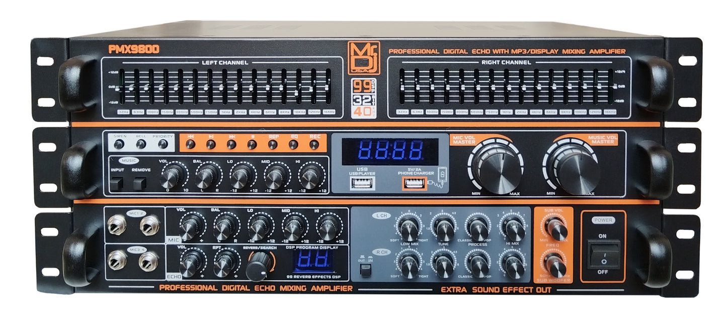 MR DJ PMX-9800 5000W PA DJ Audio Mixer Powered Soundboard DSP Bluetooth FM