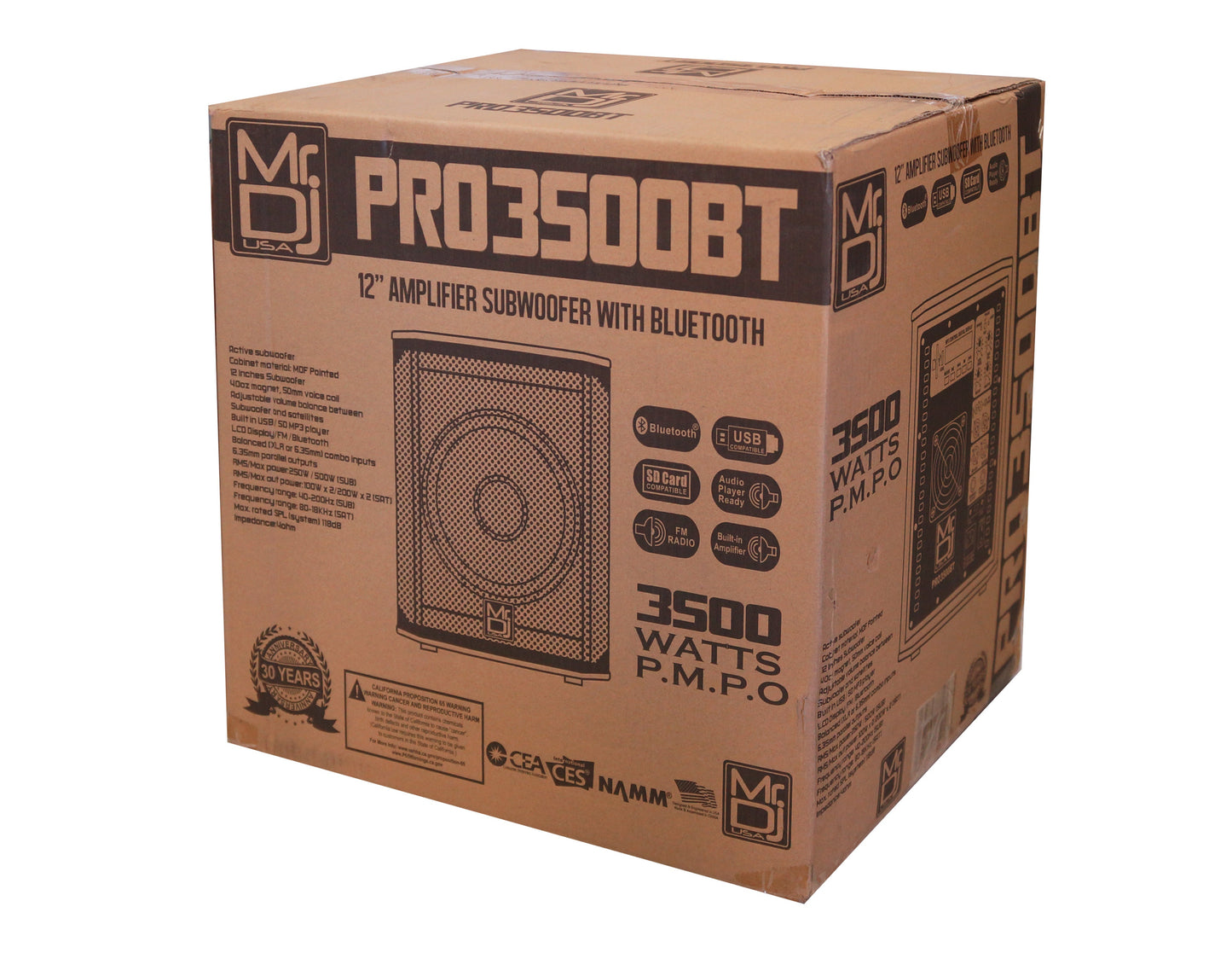 MR DJ PRO3500BT 12" 3500W Pro PA DJ Active Subwoofer Bluetooth USB with 2 Speaker Output
