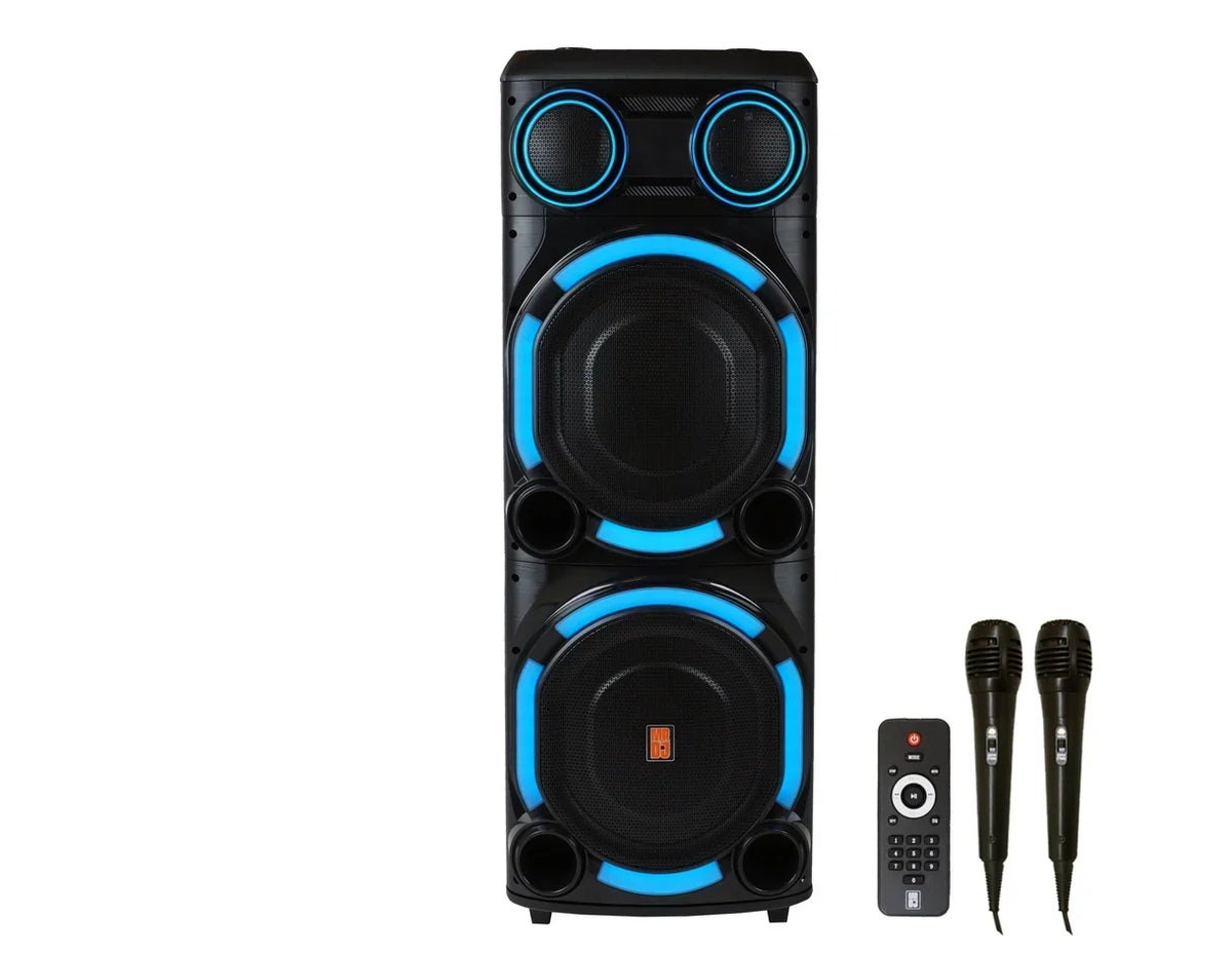 MR DJ USA Vegas+ Double 15" Bluetooth powered PA active speakers with LED lights and dual woofers.