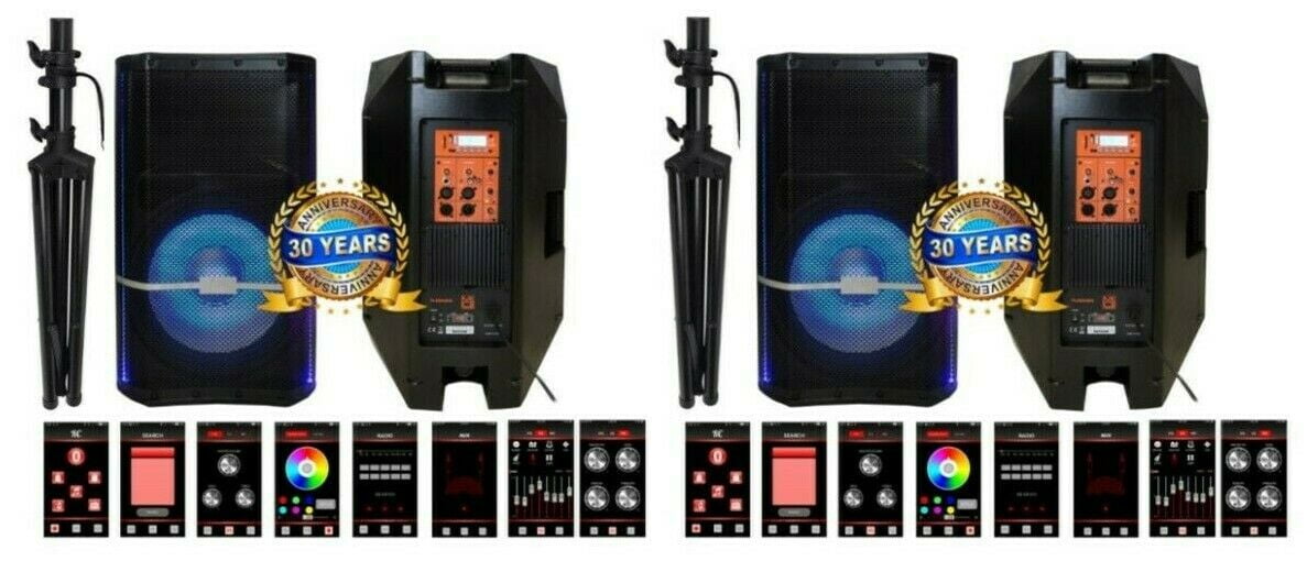2 Mr. Dj PLED5000 + 2 Speaker Stand 2-Way 15" Portable PRO PA DJ Active Powered Speaker Bluetooth FM USB Sd Karaoke & Smart App + 2 Speaker Stand