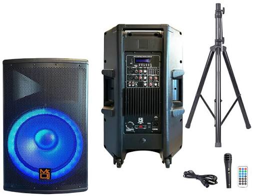 MR DJ 4500W Peak Bi-Amped Bluetooth DJ Speaker with 15" Woofer LED Party Lights Portable PA System, Built-In Media Player, Wired Mic, Speaker Stand, 3-Channel Mixer