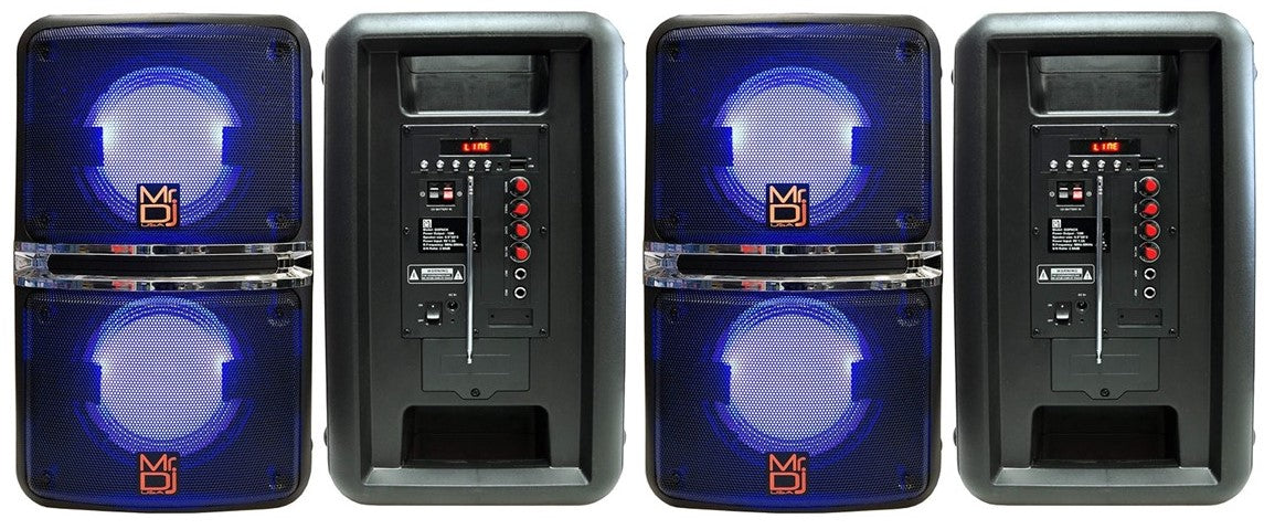 Dual 6.5" MR DJ GOPACK portable speaker with Bluetooth, USB, Micro SD, and LED accent lighting.