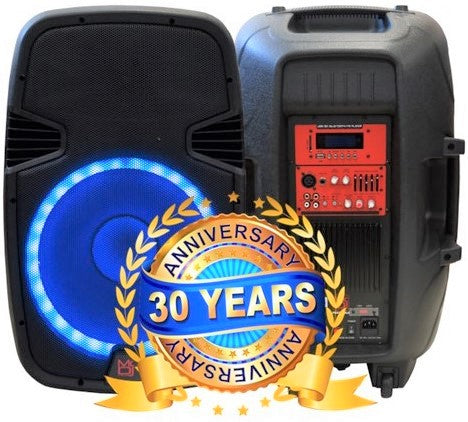 MR DJ PBX2690LB open box 15" Bluetooth speaker with blue LED light and adjustable controls.