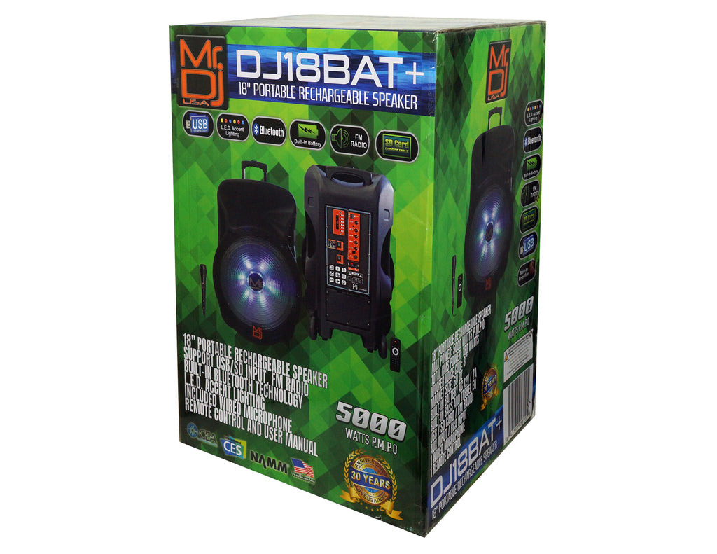 Mr. Dj DJ18BAT+ 18" Portable Bluetooth Speaker<br/>18" Portable Trolley PA DJ Active Powered Bluetooth TWS Speaker 5000 Watts LCD/MP3/USB/micro SD