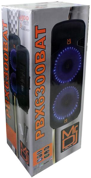 Mr Dj PBX6300BAT Professional Dual 15" Bluetooth Karaoke Pa/Dj Rechargeable Battery Power Active Speaker