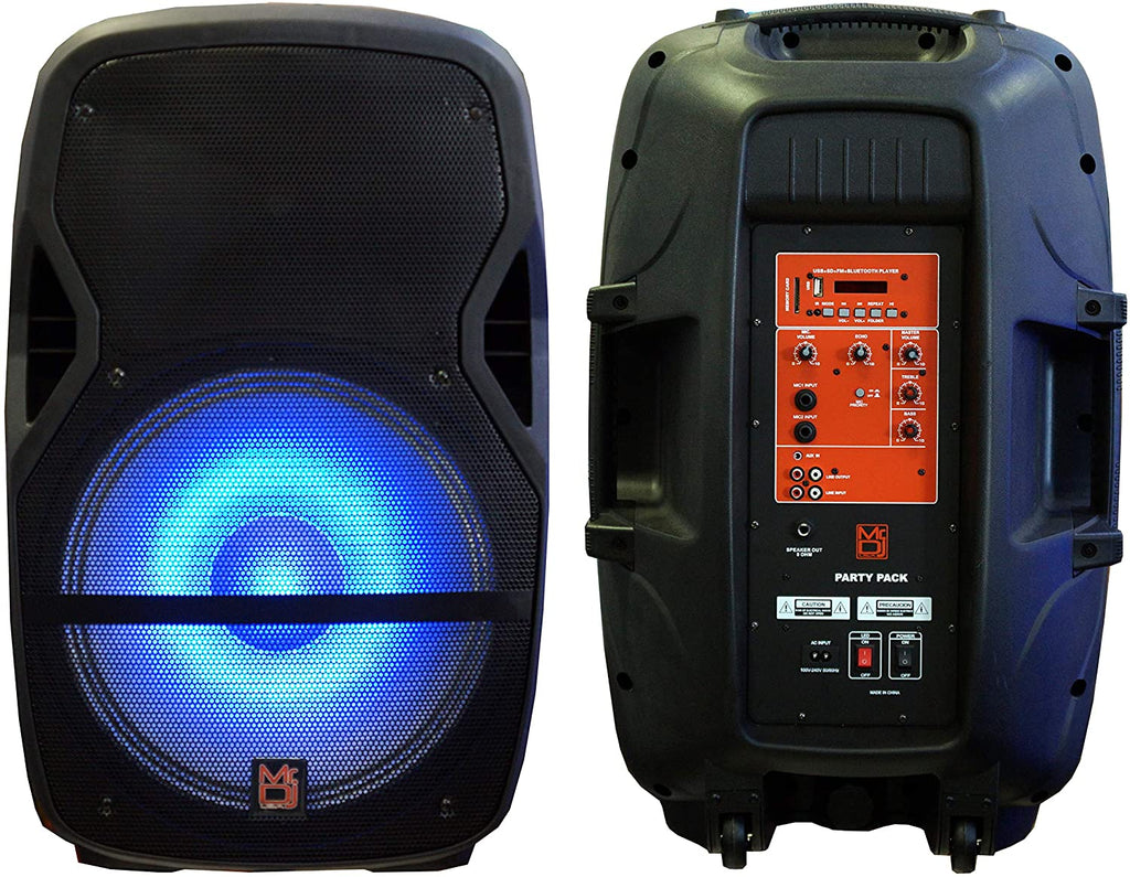 MR DJ PARTYPACK Package 15" Bluetooth Speaker<BR/> Two 15" Powered Passive PA DJ Bluetooth Karaoke Speaker System with Mic, Stands, Cables