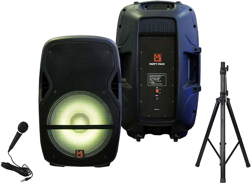 MR DJ PARTYPACK Package 15" Bluetooth Speaker<BR/> Two 15" Powered Passive PA DJ Bluetooth Karaoke Speaker System with Mic, Stands, Cables
