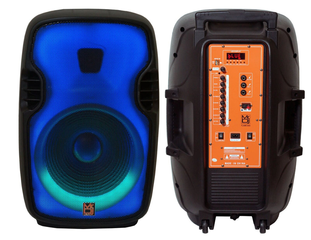 MR DJ FLAME3500LED PRO Portable 15” 2-Way Full-Range Powered/Active DJ PA Multipurpose Live Sound Bluetooth Loudspeaker with Stand