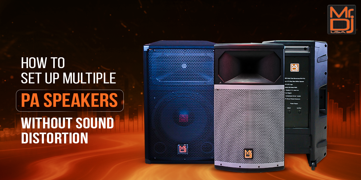 Image of PA speakers showcasing how to set up multiple PA speakers without sound distortion.