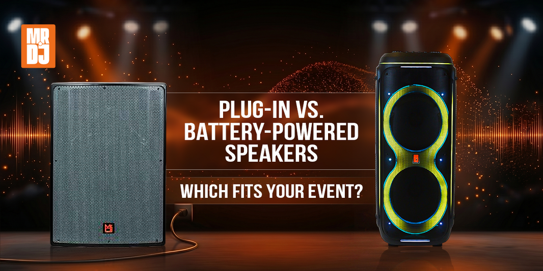 Comparison of Plug-In vs. Battery-Powered Speakers for events with vibrant stage backdrop.