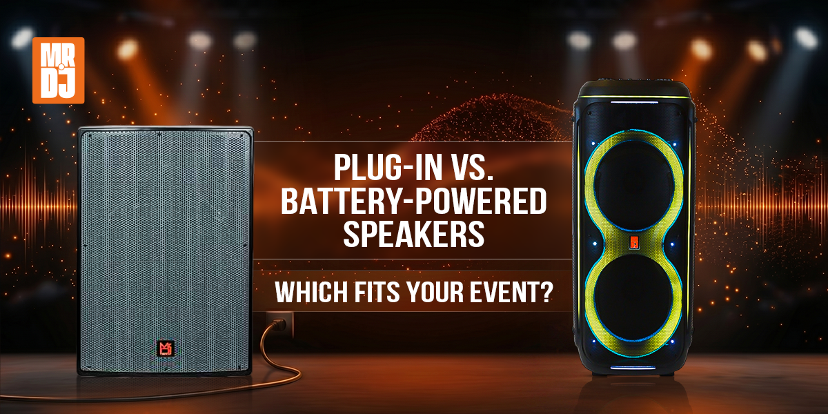 Comparison of Plug-In vs. Battery-Powered Speakers for events with vibrant stage backdrop.