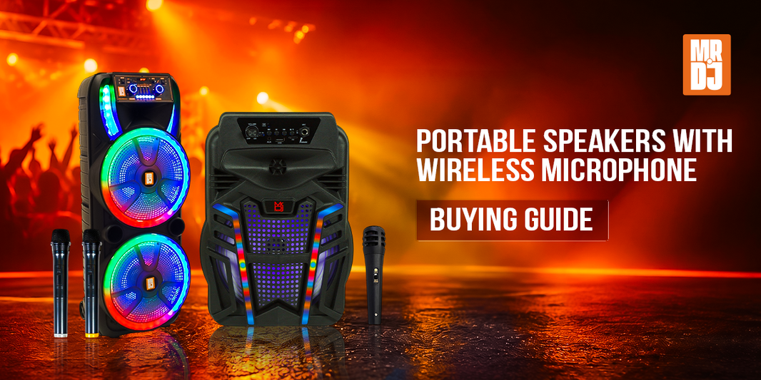Portable Speakers with Wireless Microphone Buying Guide featuring colorful speakers and microphones.