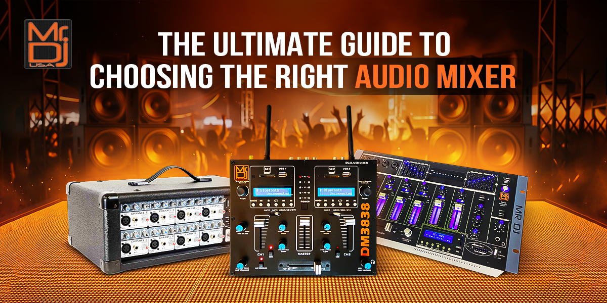 Image showcasing various audio mixers with a vibrant background and the title 'The Ultimate Guide to Choosing the Right Audio Mixer'.