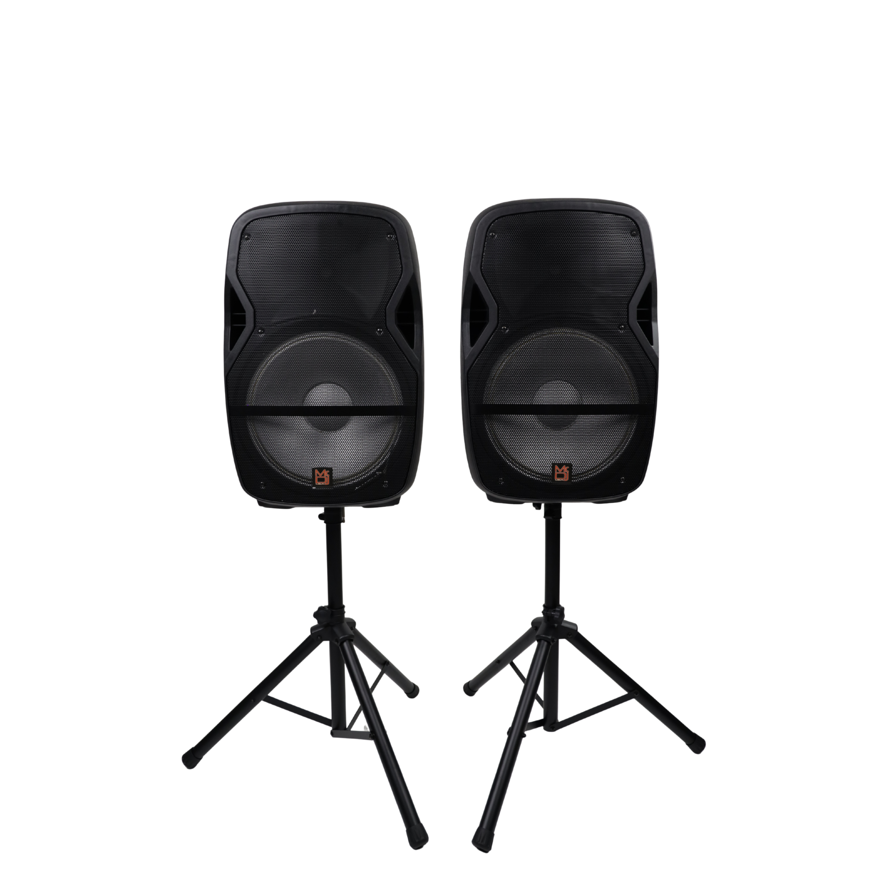 MR DJ PARTY PACK Dual 15" Active Bluetooth PA Speaker Package 2 Speaker Stands DSP LED Lights TWS USB/SD FM Radio Wired Microphones Speaker Cables