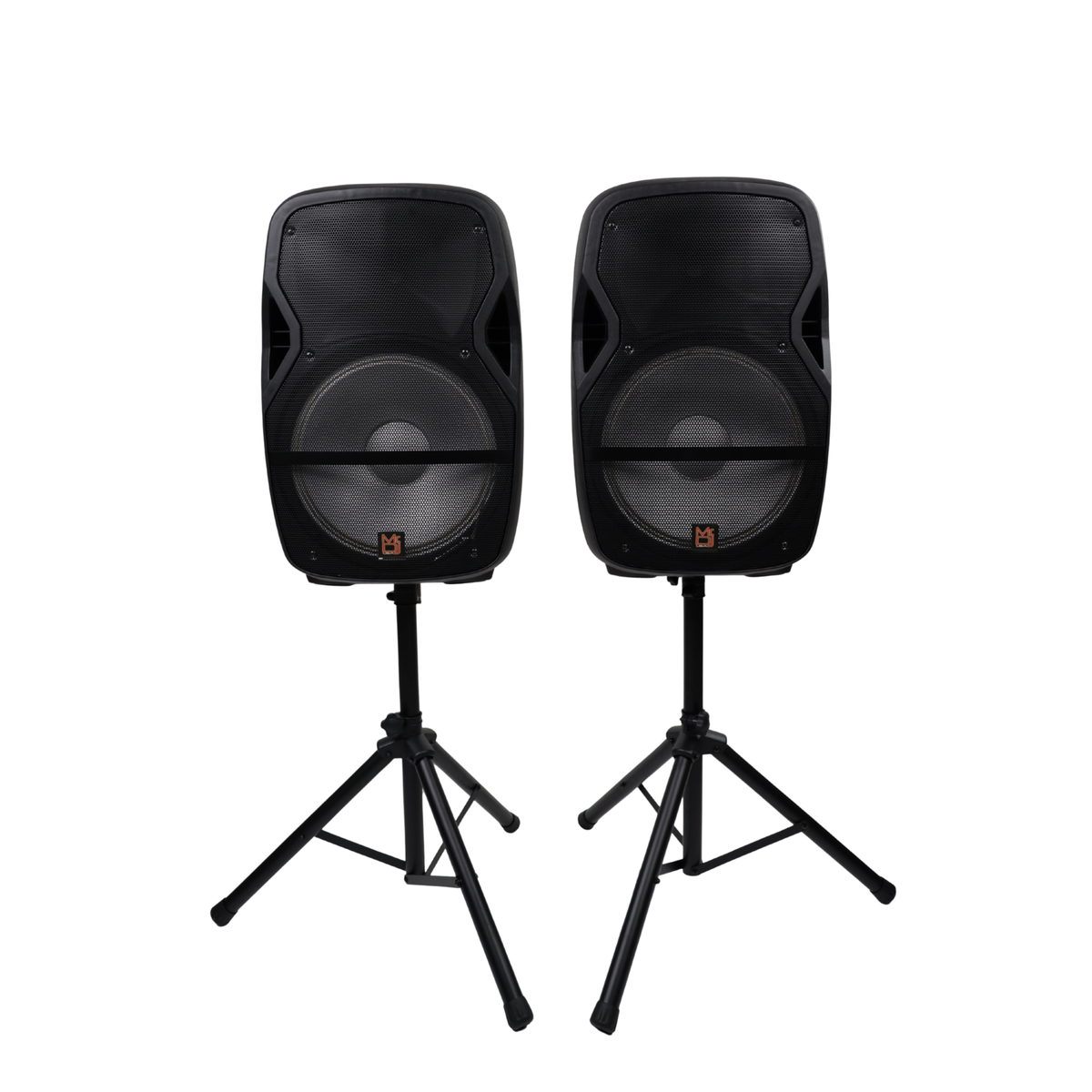 MR DJ PARTY PACK Dual 15" Active Bluetooth PA Speaker Package 2 Speaker Stands DSP LED Lights TWS USB/SD FM Radio Wired Microphones Speaker Cables