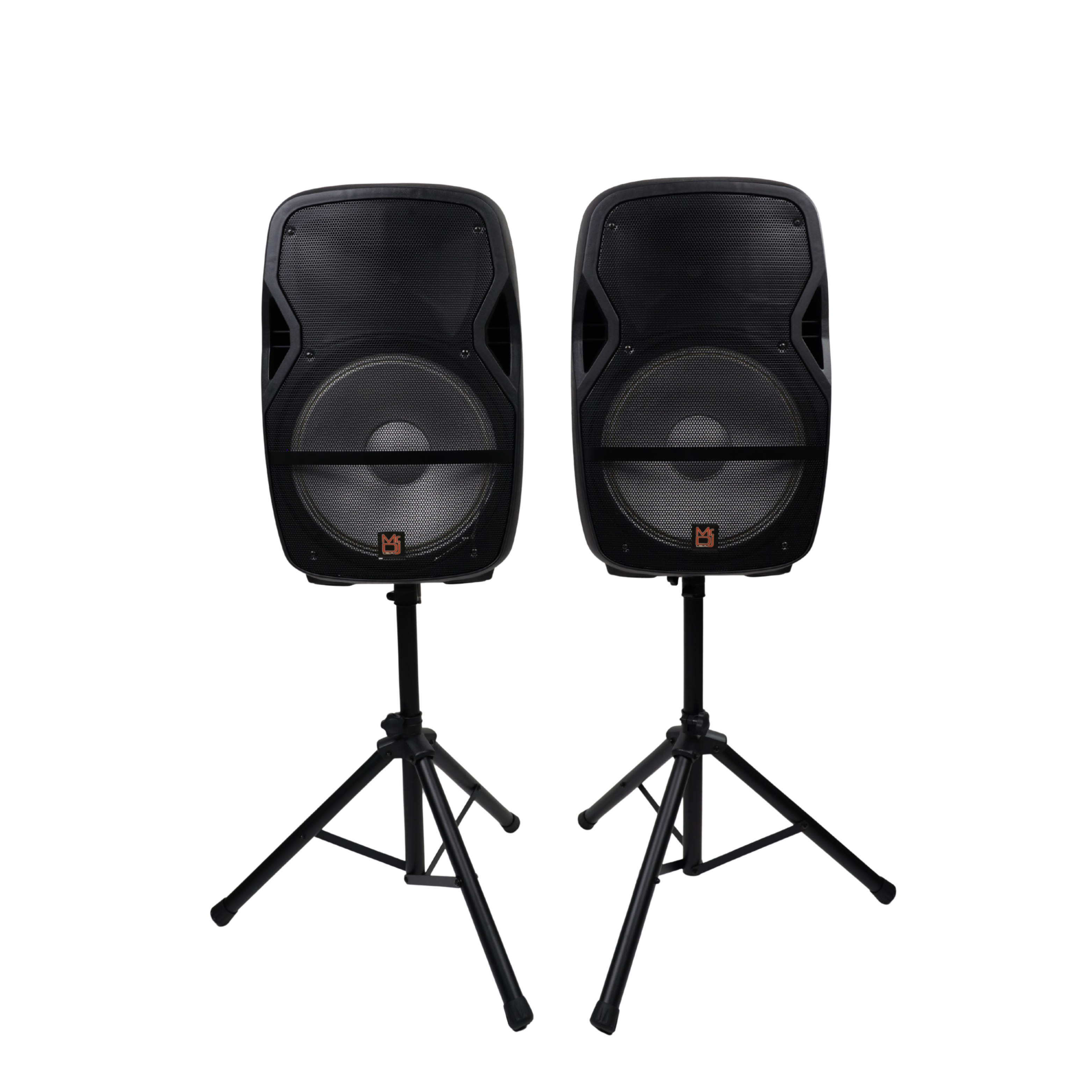 MR DJ PARTY PACK Dual 15" Active Bluetooth PA Speaker Package 2 Speaker Stands DSP LED Lights TWS USB/SD FM Radio Wired Microphones Speaker Cables