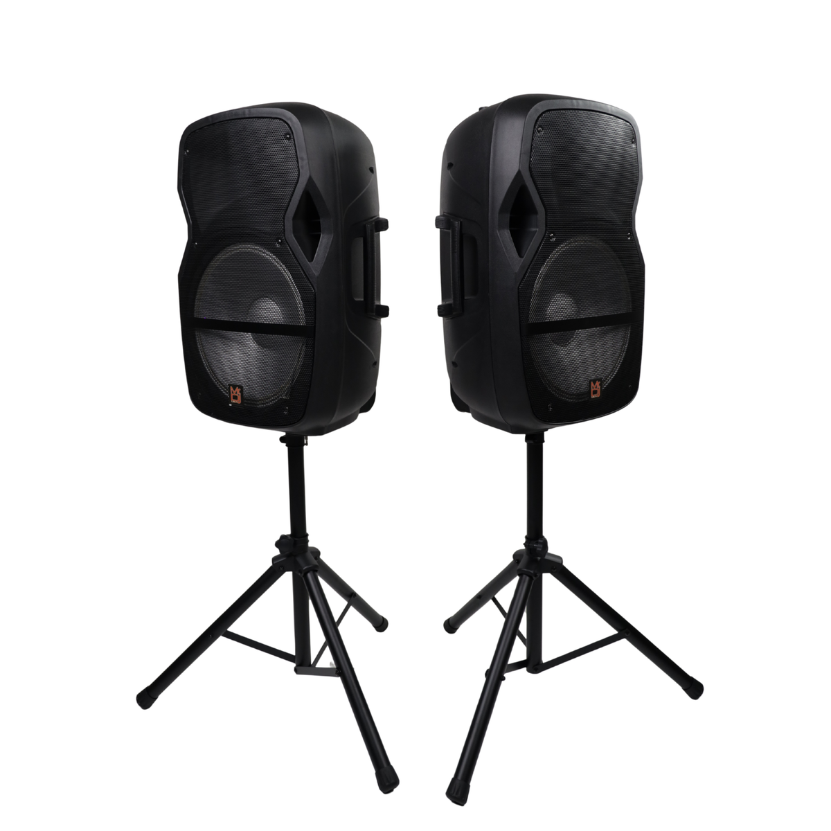 MR DJ PARTY PACK Dual 15" Active Bluetooth PA Speaker Package 2 Speaker Stands DSP LED Lights TWS USB/SD FM Radio Wired Microphones Speaker Cables