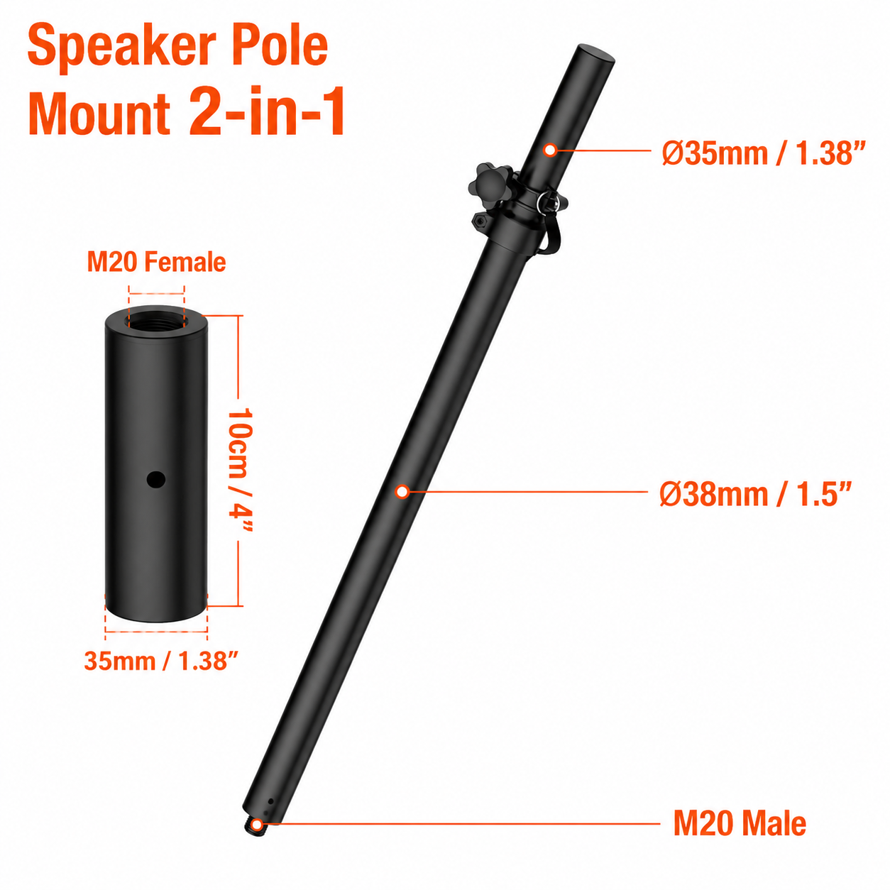 2 MR DJ SS50 Adjustable Subwoofer Speaker Pole M20 Threaded & 35mm Mount Dual 35mm/38mm