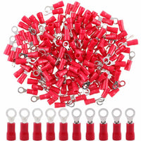 200 pcs #8 Red RT2218R 22/16 Gauge Vinyl Insulated Connectors Ring Terminal for electrical connections.