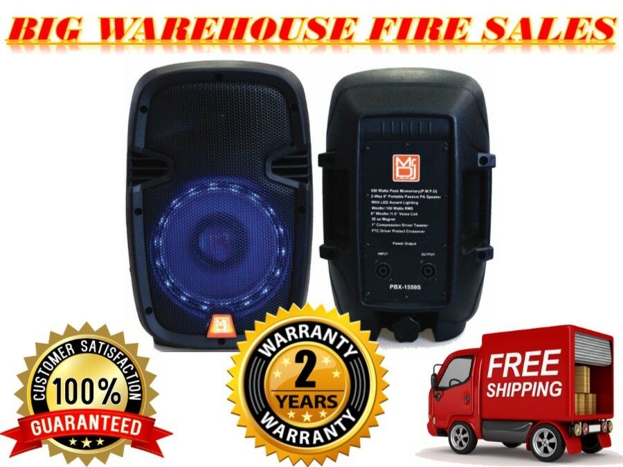 MR DJ PBX1559S 8 inch 2-way portable passive speaker with LED lighting and warranty information.