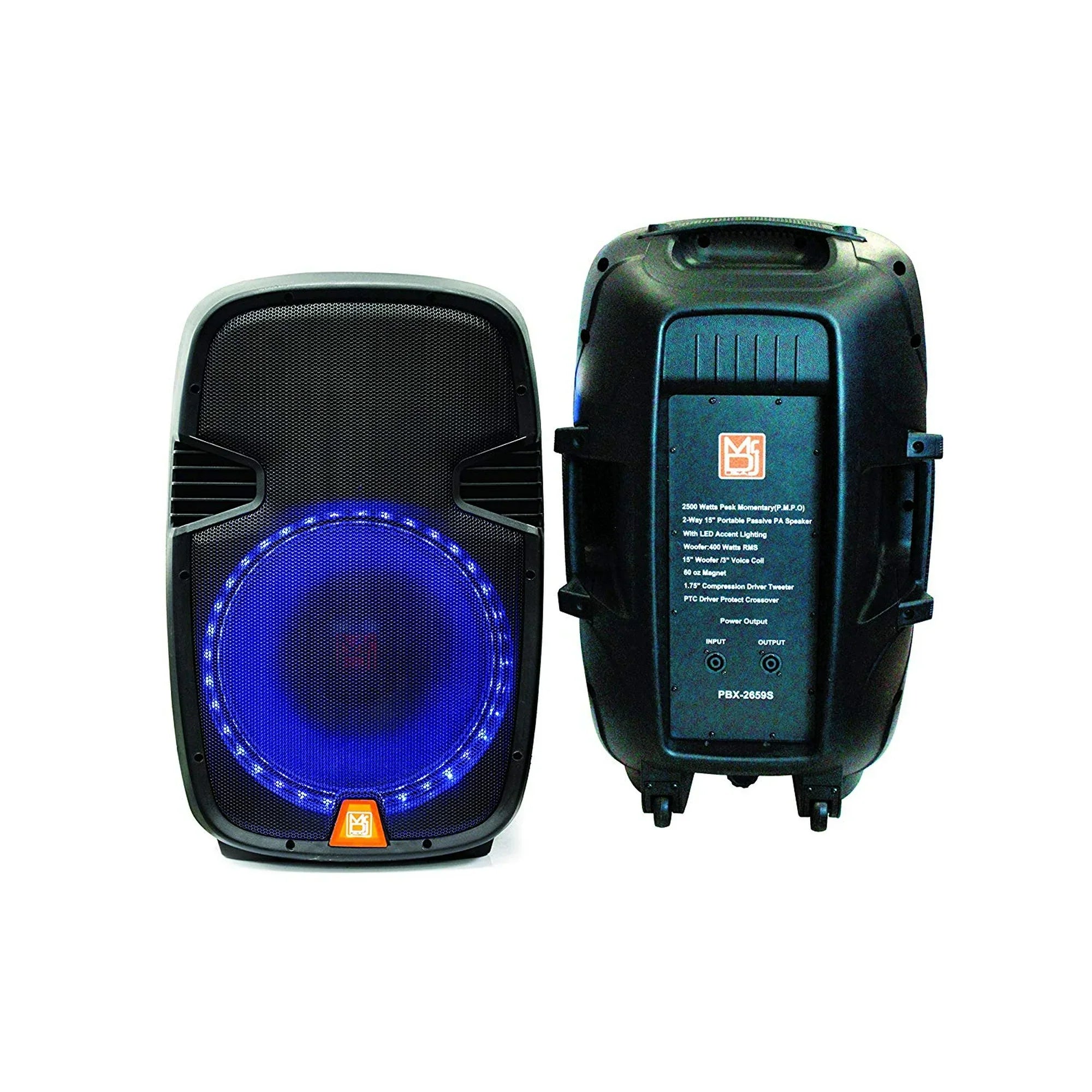 2 Mr Dj PBX2659S 15 Inch 2Way Portable Passive Speaker with LED Accent Lighting