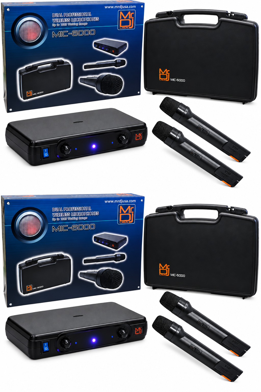 2 Pack MR DJ MIC6000 Wireless Dual Handheld design Microphone System + Carrying Case
