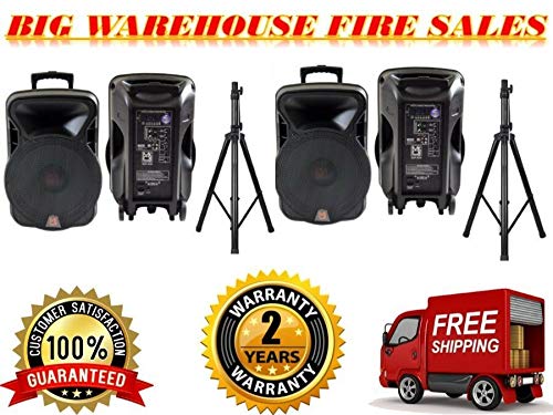 2 15" 4000W Bluetooth DSP FM Radio USB Portable PA DJ Speaker & Stands Pair