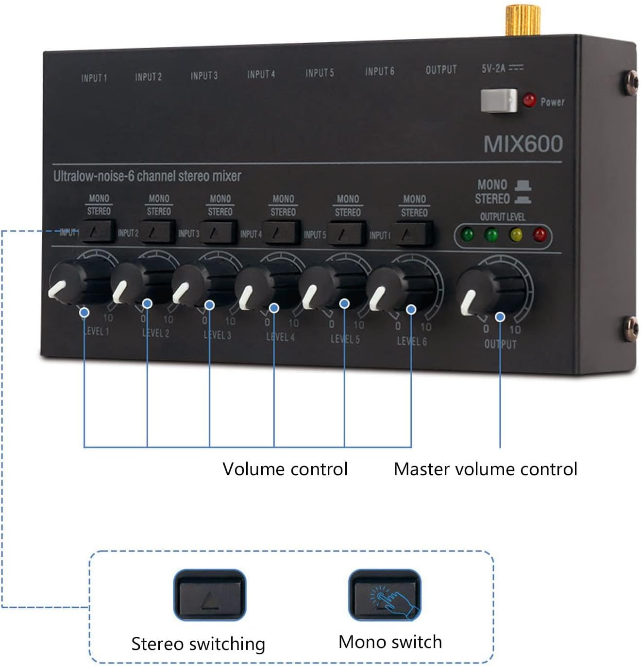MR DJ MIX600 Ultra Low-Noise 6-Channel Line Mixer Stereo/Single Track Switch Microphone